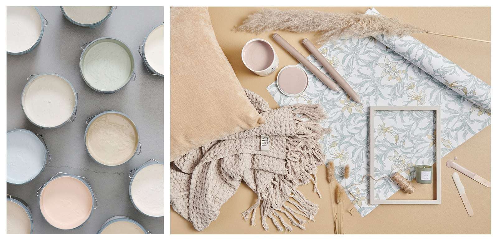 Malingsspann i ulike farger. En moodboard med pledd, pute, tapet, malingsspann og bilderamme – alt i beige.