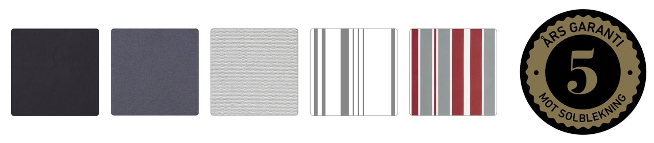 Lähikuva erilaisia markiisikankaista ja symboli Rustan takuusta, joka on voimassa viisi vuotta auringon aiheuttamaa haalistumista vastaan.