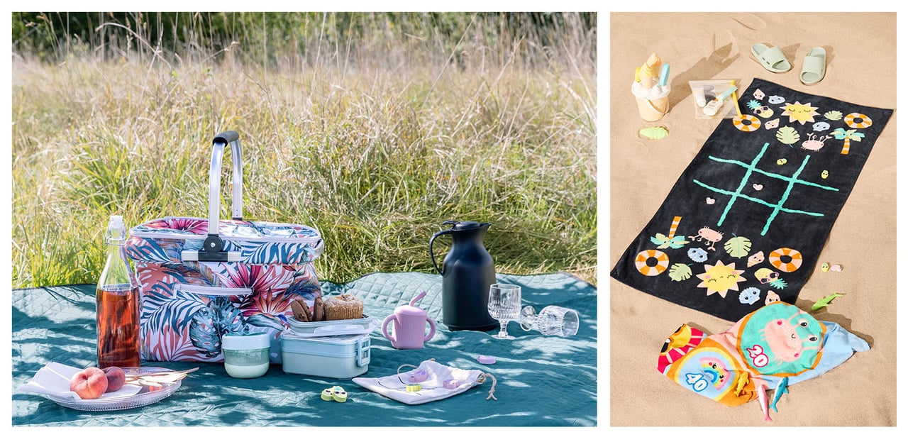 Piknik nurmikolla. Pyyhe, jossa on ristinolla-pelin ruudukko, on hiekkarannalla.