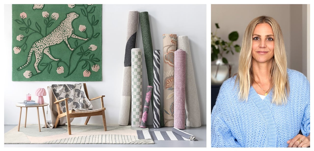 Tepper i forskjellige farger, mønstre og størrelser. Rusta interiørdesigner Cecilia Lindqvist.