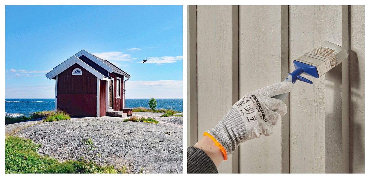 Ett hus vid havet och en hand som målar en fasad med pensel – inspiration för utomhusmålning.