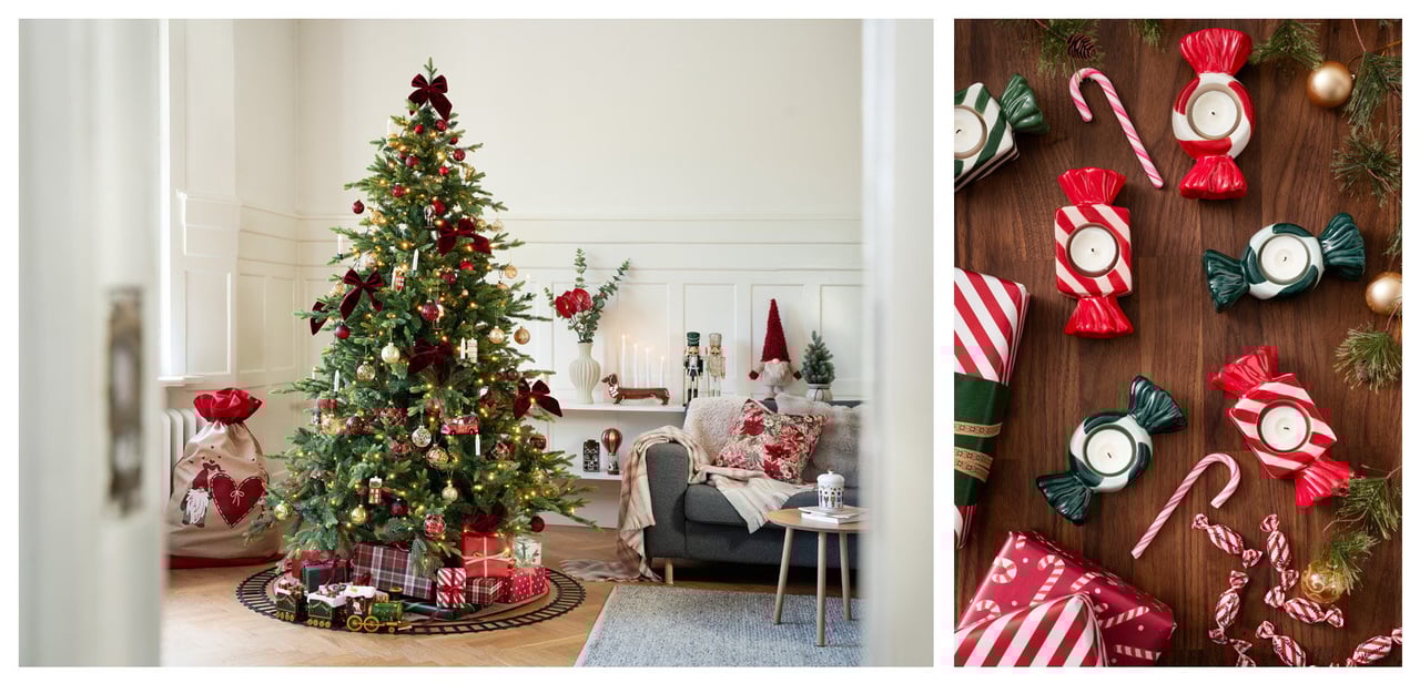 Joulukoristeltu olohuone, koristeltu kuusi, lahjat ja pöydällä makeisen muotoiset leikkisät kynttilänjalat.