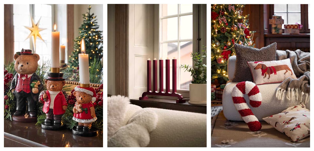 Ljusstakar i form av julklädda björnar, en röd adventsljusstake i ett fönster och ett soffhörn med kuddar med julmotiv. 