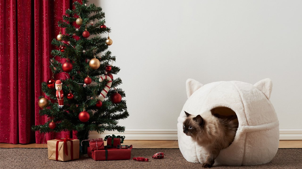 Katt kliver ut ur vit kattbädd formad som ett katthuvud, bredvid en julgran och inslagna julklappar.
