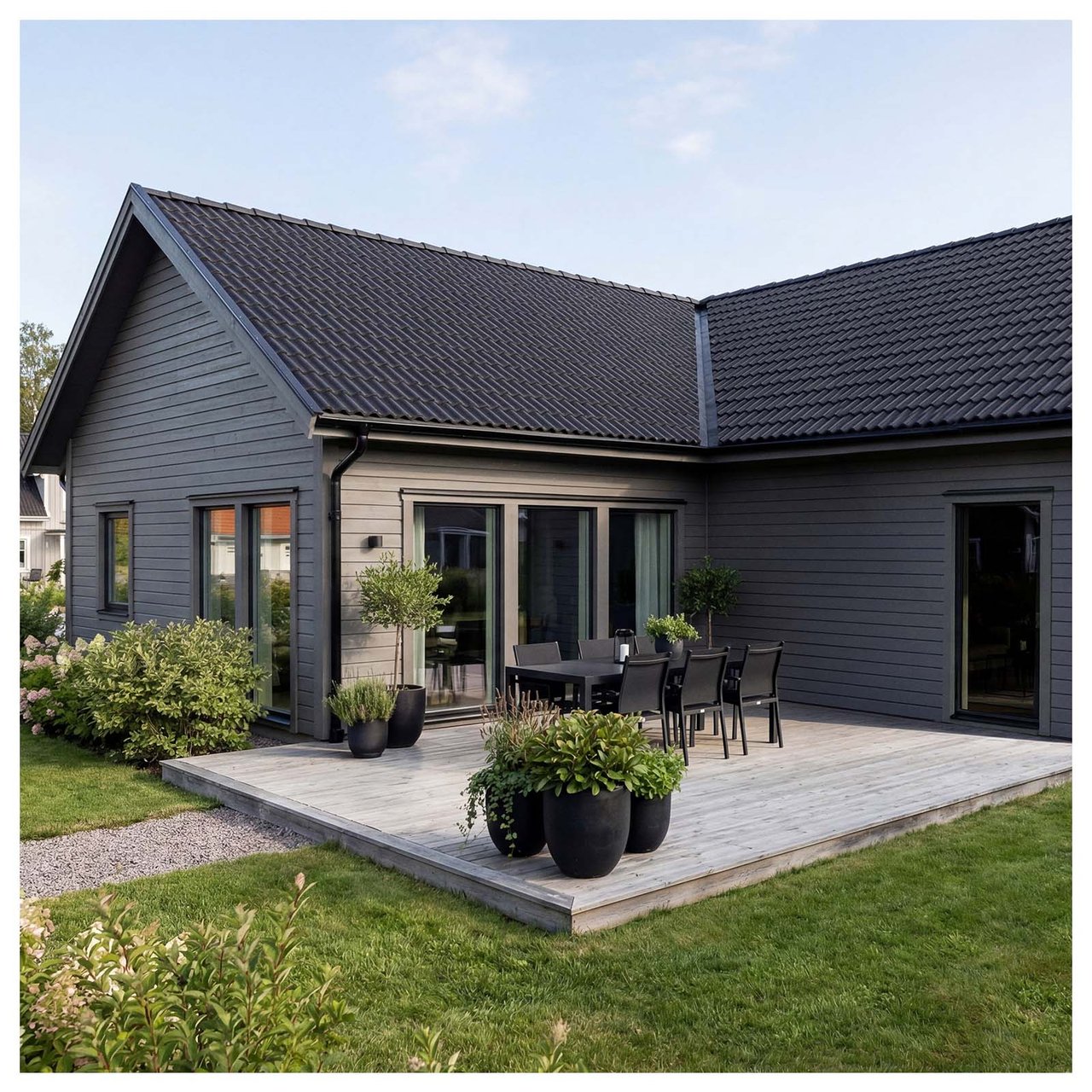 Modernt trähus målat i mörkgrått.