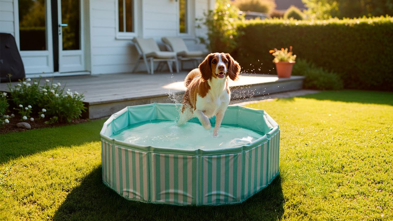 Långhårig hund badar i en hundpool som står på en gräsmatta.