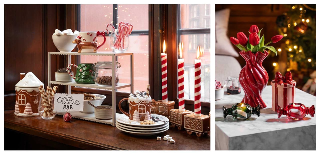 En hot chocolate bar med julmuggar och godsaker samt ett soffbord med röda tulpaner och karamellformade värmeljushållare.