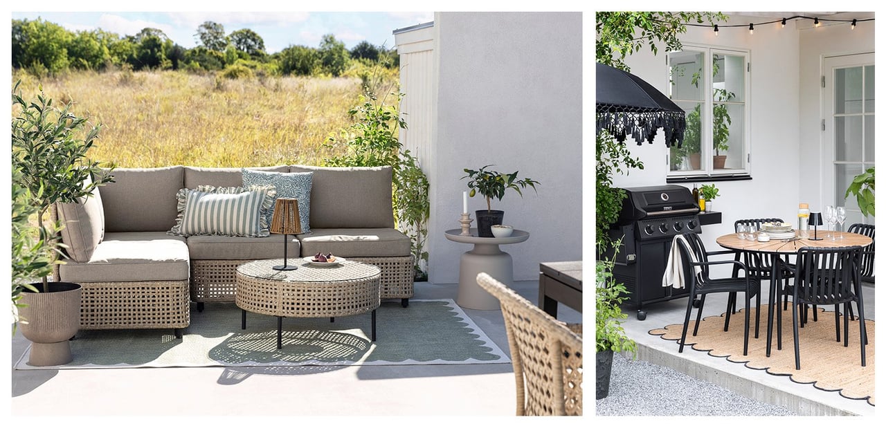 Terrasse mit beigefarbener Loungegruppe und passendem Tisch. Esstisch und Stühle in Schwarz und Holz neben einem Grill.