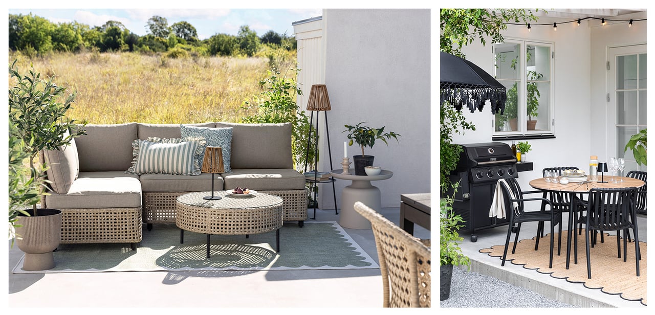 Ulkotila, jossa beige oleskeluryhmä ja yhteensopiva pöytä. Ruokapöytä ja tuolit mustaa ja puuta grillin vieressä.