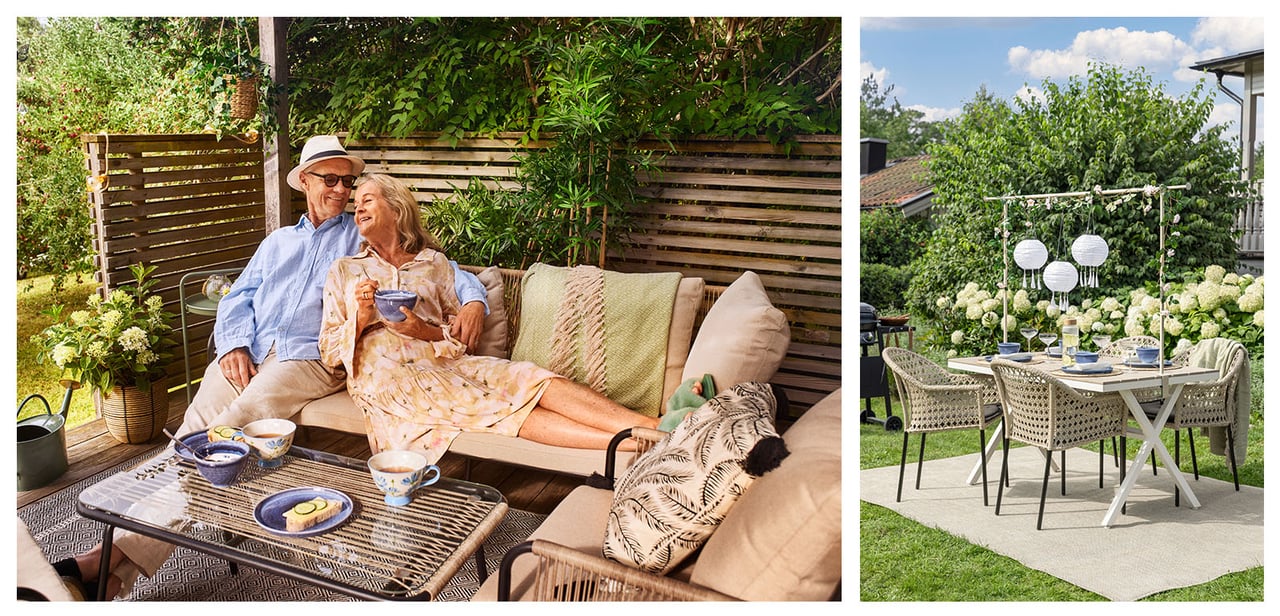 Ein Mann und eine Frau genießen ein entspanntes Frühstück in einem windgeschützten Loungebereich im Garten.