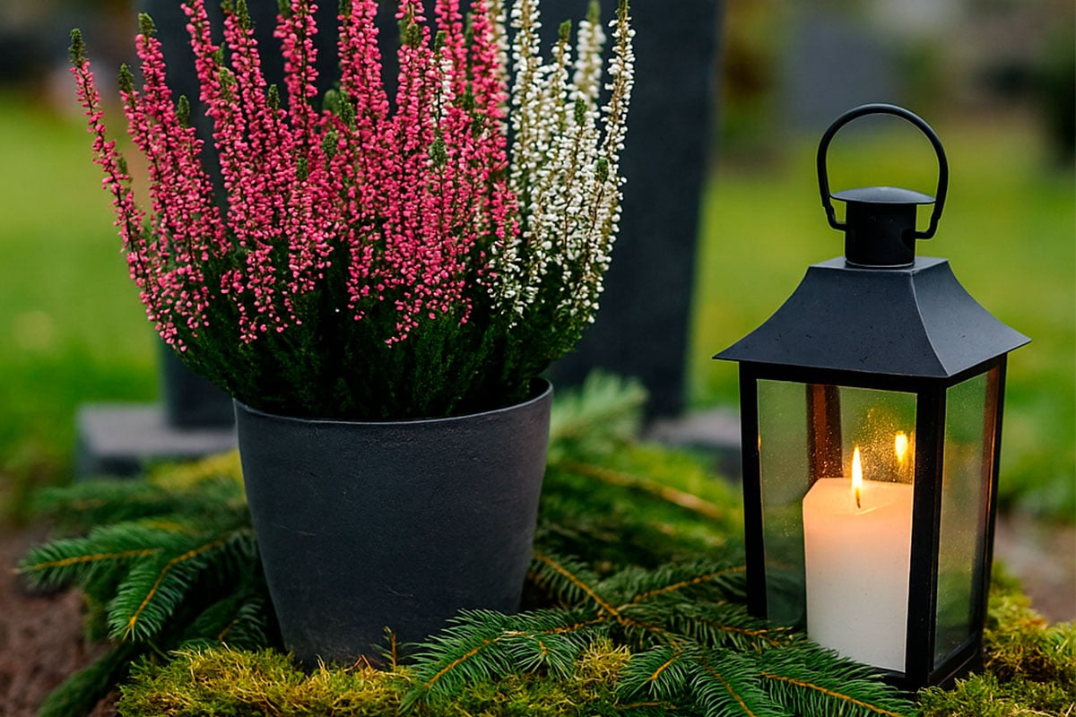 Calluna-istutus hautapaikalla havunoksien ja lyhdyn kanssa