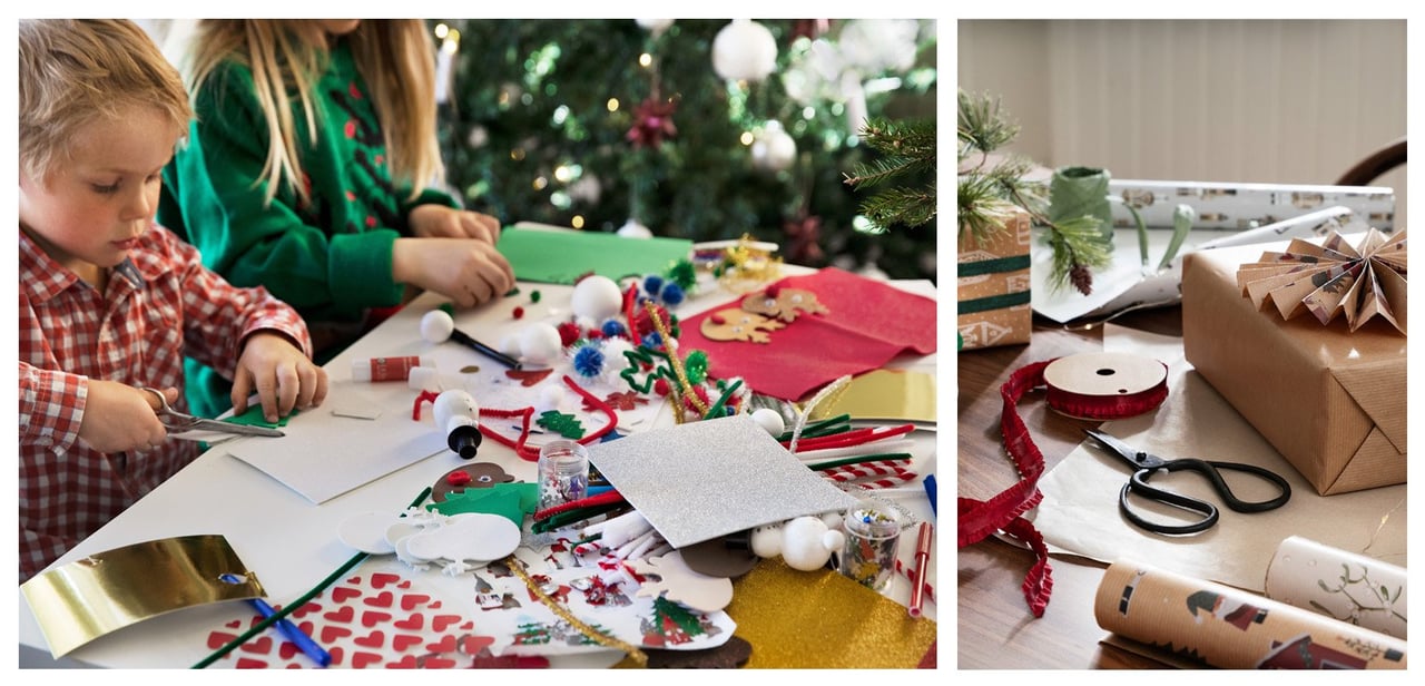 Lapset askartelevat joulukoristeita pöydän ääressä; vieressä kääritään lahjoja paperiin.