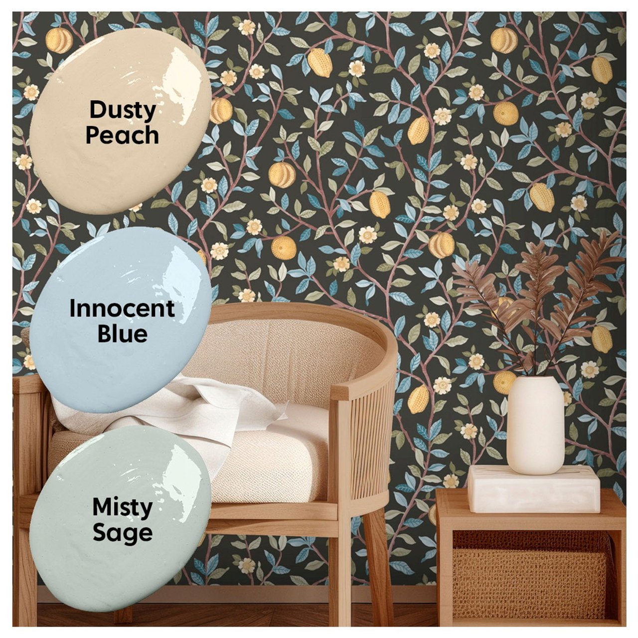 Sitruunapuutapetti ja kolme siihen sointuvaa värisävyä.