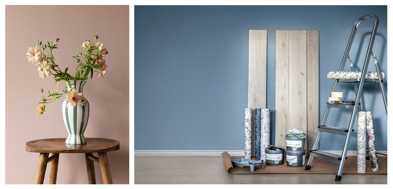 Kaksi inspiroivaa ympäristöä, joissa on kukkamaljakko rahilla ja nurkkaus, jossa on tapetti- ja lattiamateriaalinäytteitä sekä tikkaat.