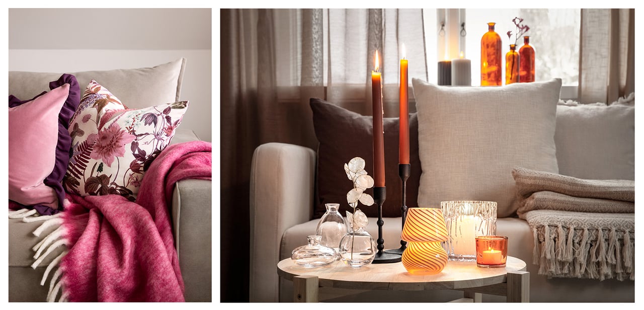 Zwei Sofaecken mit Decken und Kissen, eine mit farbenfrohen Textilien und eine mit warmen Farbtönen und gemütlicher Beleuchtung.