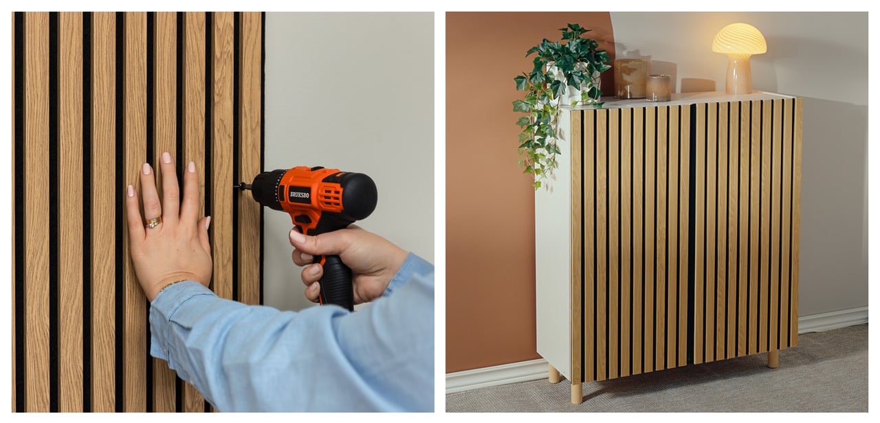 Bild på person som monterar akustikpanel på vägg med skruvdragare samt bild på skåp inklädd i akustikpanel.