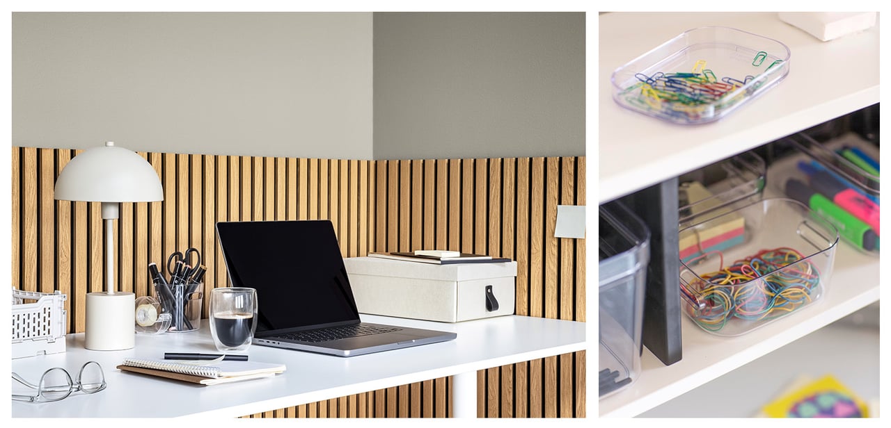 Homeoffice mit Laptop und Aufbewahrungsboxen. Klare Boxen mit Büroklammern, Gummibändern und Textmarkern.