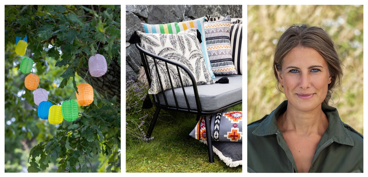 Färgglada rislampor hängande i ett träd, en utesoffa dekorerad med mönstrade kuddar i glada färger och en leende kvinna som är inredare. En presentation av sommarens nyheter från Rusta.