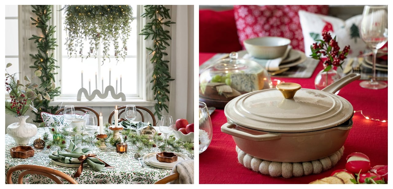 Weihnachtstisch in Grün und Weiß. Gedeckter Tisch mit roter Decke und beigem Geschirr.