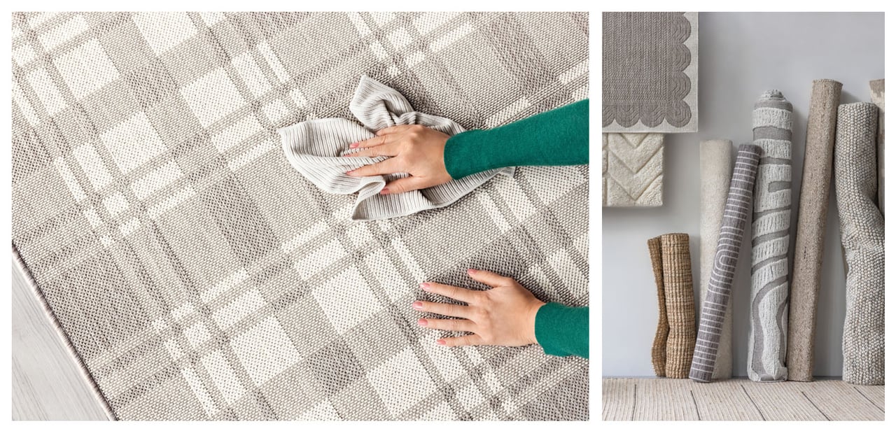 Hand som torkar matta med trasa. Rullade mattor stående mot en vägg.