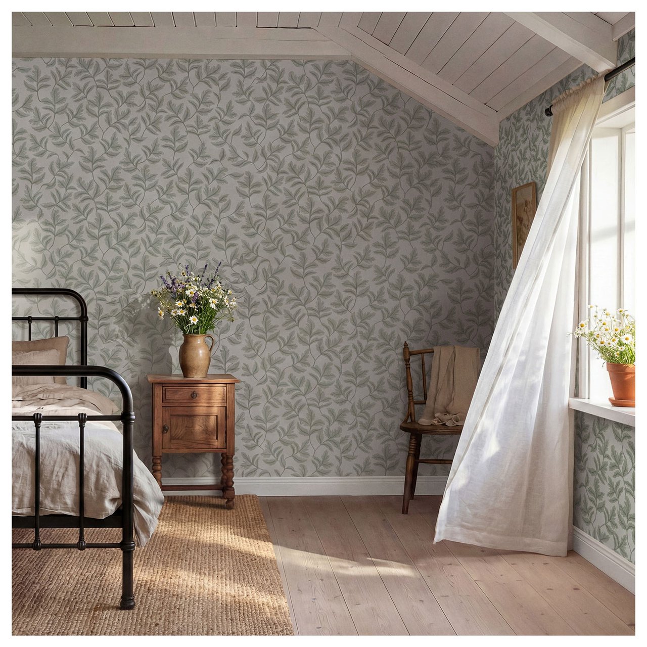 Sovrum med grön bladmönstrad tapet. Öppet fönster och gardin som rör sig i vinden.