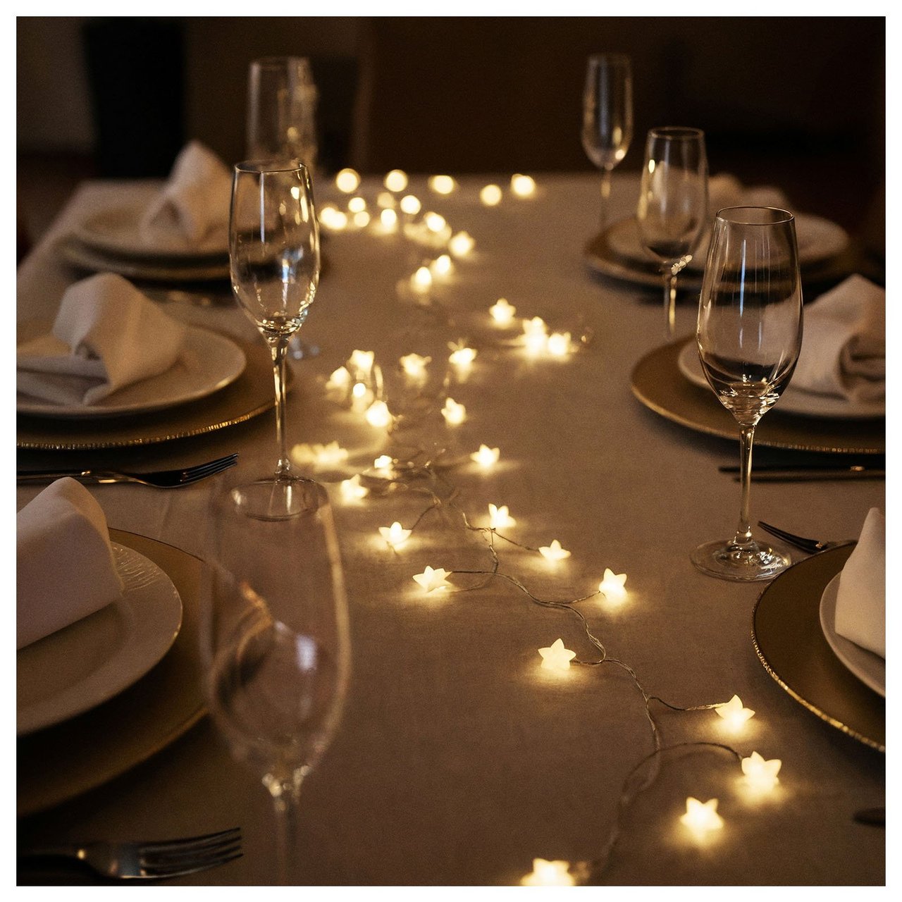 En ljusslinga med små stjärnor har placerats i mitten av ett festligt dukat bord.