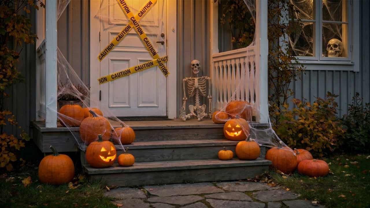 Halloween-koristeltu sisäänkäynti, jossa on kurpitsoja, hämähäkinseittejä ja luurankoja.