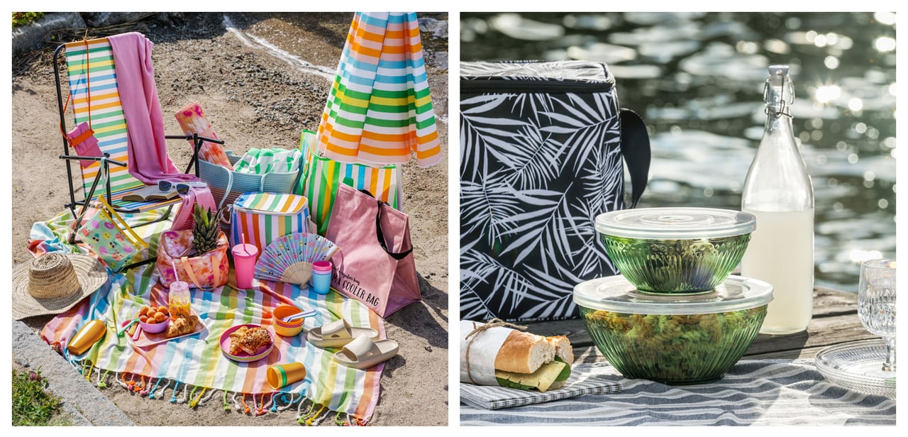 Zwei Picknickumgebungen am Wasser: Strandausflug in farbenfrohem, verspieltem Flair mit gestreiften Sonnenliegen, Sonnenschirmen, Kühltaschen und einer stilvollen Picknickdecke mit Vorratsboxen, Getränken und einer schwarzweiß gemusterten Kühltasche an einem Steg.