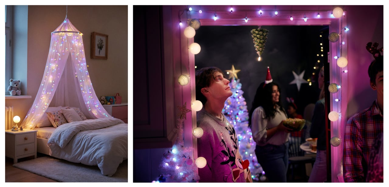 Säng med sänghimmel pyntad med ljusslingor. En ung man står i en dörröppning dekorerad med ljusslingor.