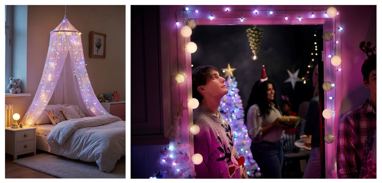 Säng med sänghimmel pyntad med ljusslingor. En ung man står i en dörröppning dekorerad med ljusslingor.