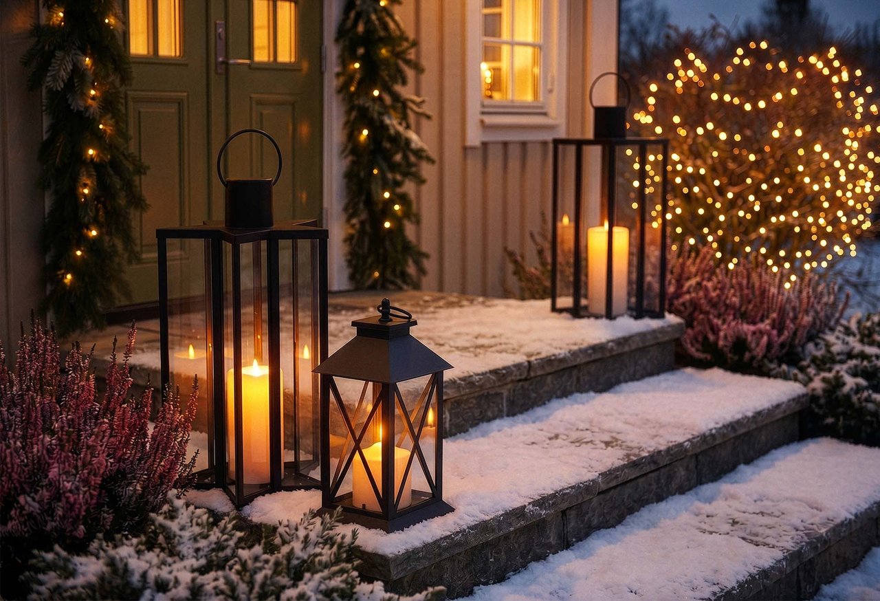 Entré med ljusslingor och lyktor i snön.