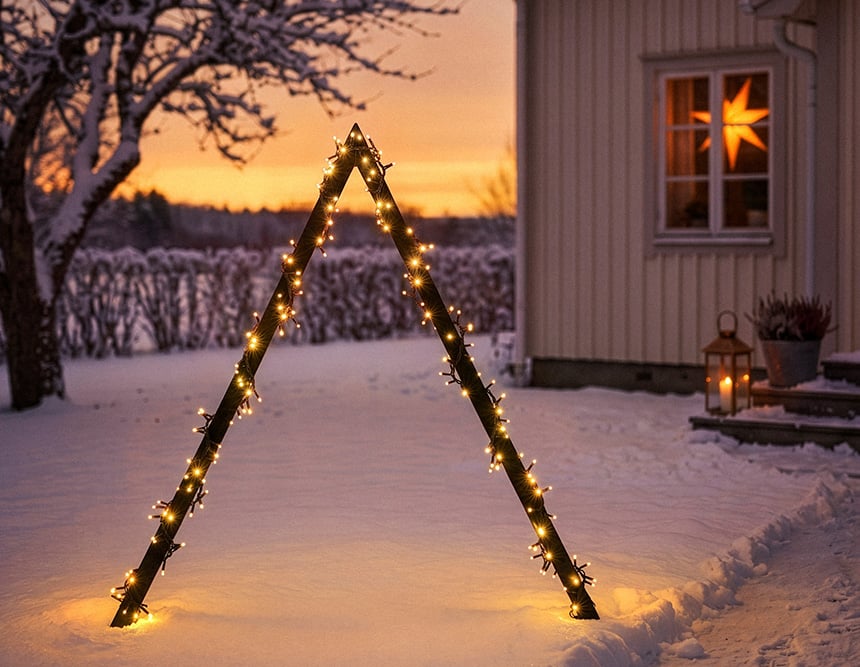 Adventsljusstake för ljusslingor med varmvita ljus i en snötäckt trädgård.