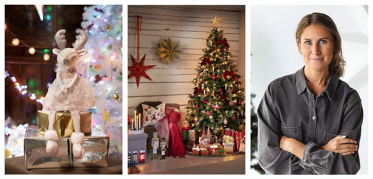 Weihnachtsdekorationen mit Rentierfigur und Geschenken, Weihnachtsbaum mit Schmuck und ein Portrait der Innenarchitektin von Rusta.