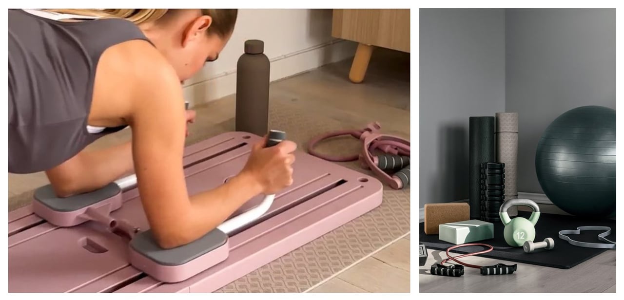 Person trener hjemme med ulike treningsredskaper og yogautstyr.