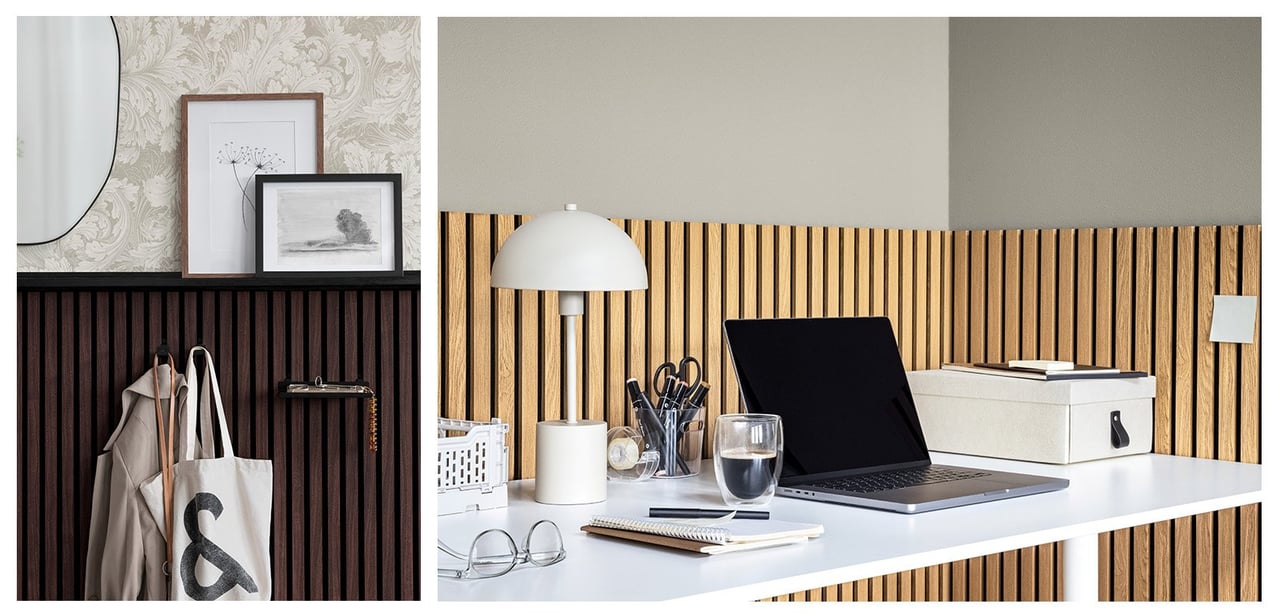 Akustikpanel monterad på vägg i hall och vid en arbetshörna.