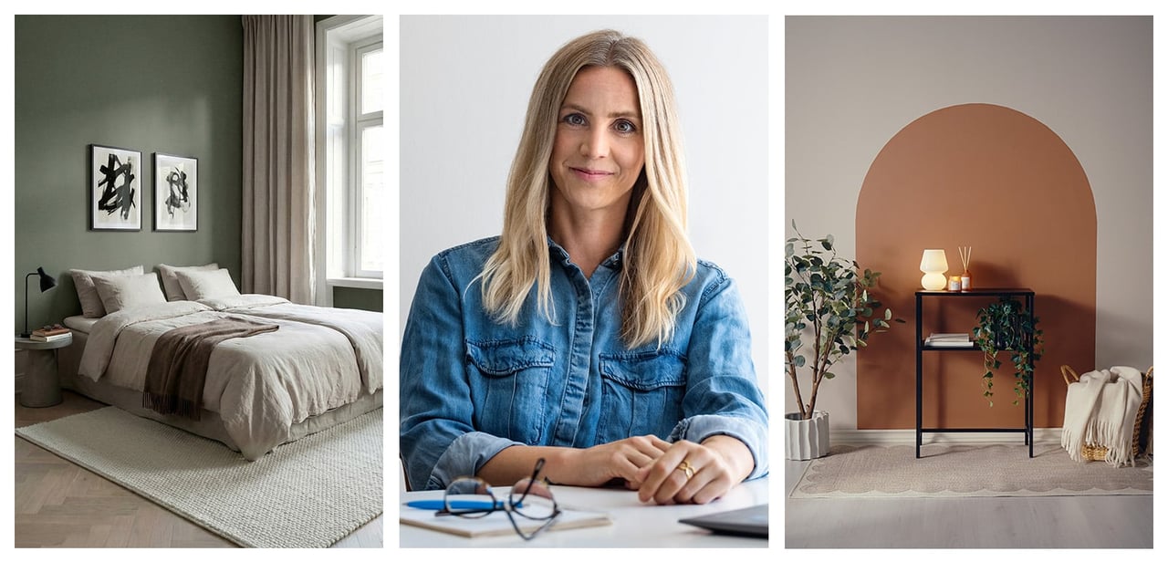 Soverom med grønne vegger, Rustas interiørdesigner Cecilia Lindqvist og en vegg med portal malt i rustbrunt.