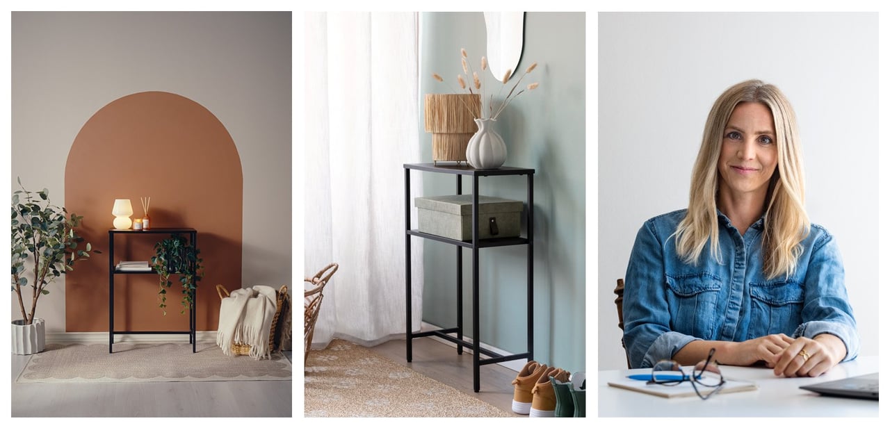 Sidebord med oppbevaring med bakgrunn i brunt og dempet grønn. Rustas interiørspesialist Cecilia Lindqvist sitter ved et bord.