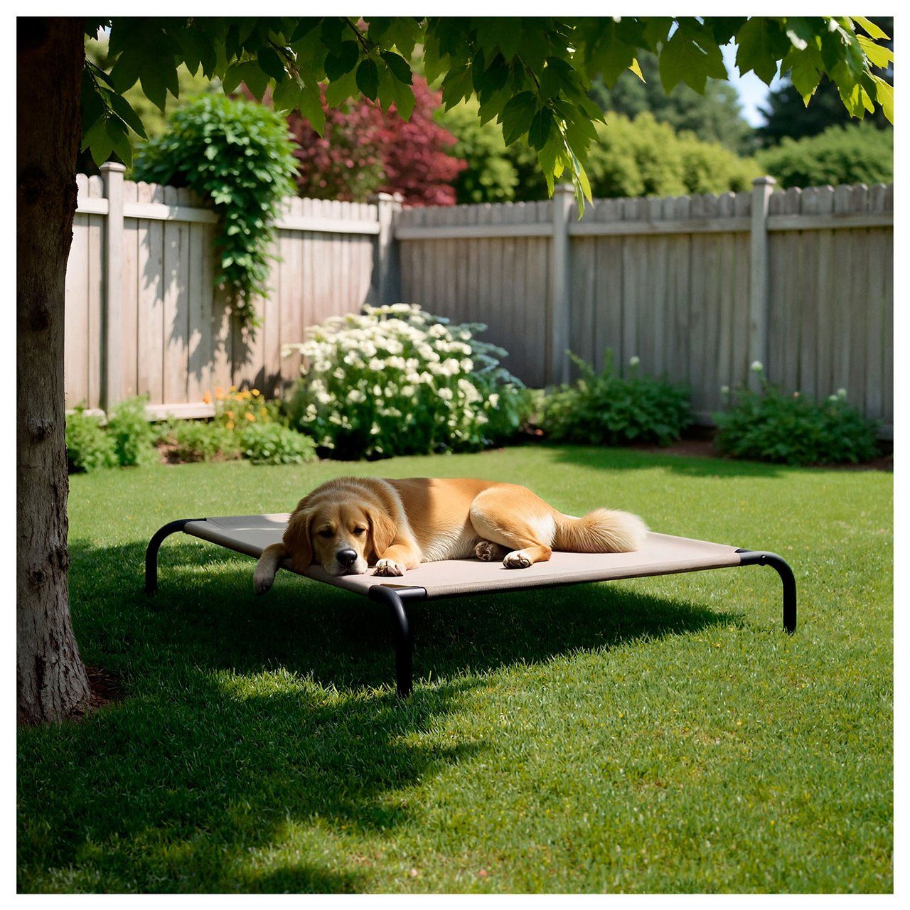 Golden retriever ligger på en upphöjd hundsäng i skuggan på en gräsmatta i en trädgård.