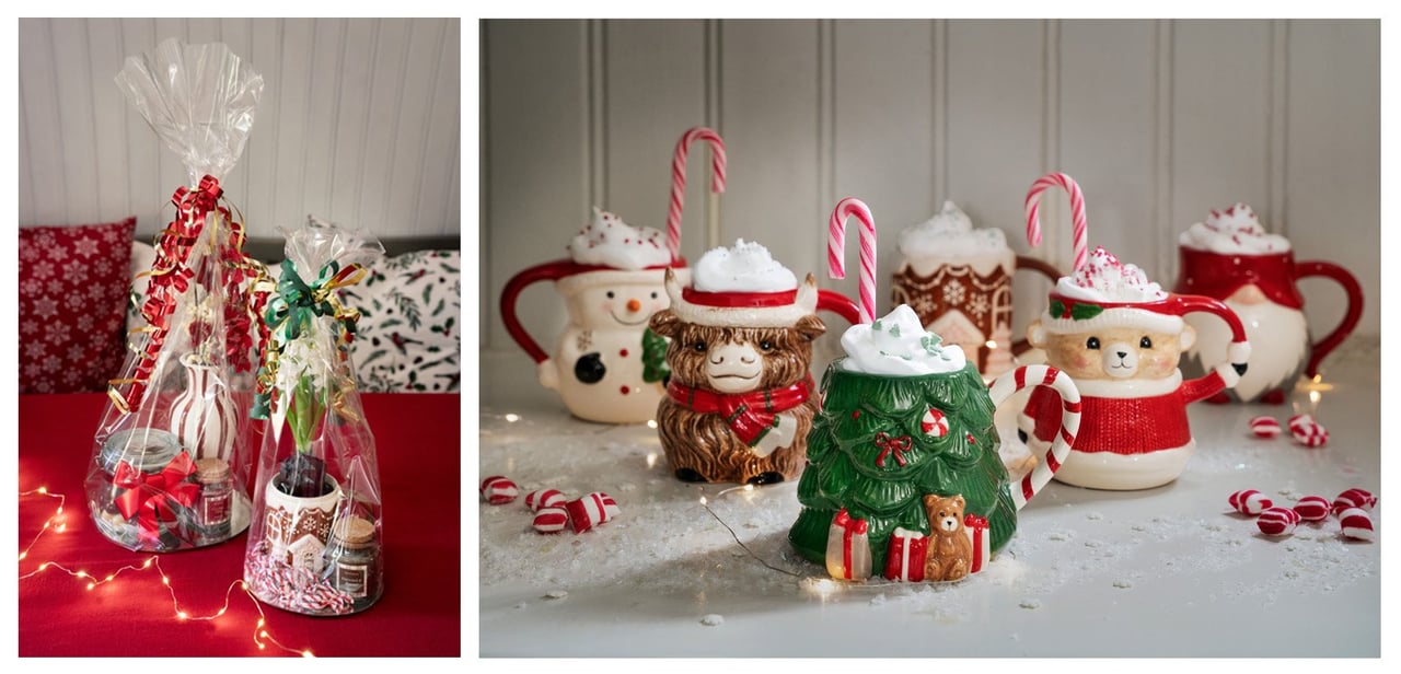 Cellophan-Beutel mit weihnachtlichen Kleinigkeiten, und Tassen in Form verschiedener Figuren.