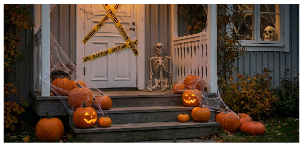 Halloween-koristeltu sisäänkäynti, jossa on kurpitsoja, hämähäkinseittejä ja luurankoja.