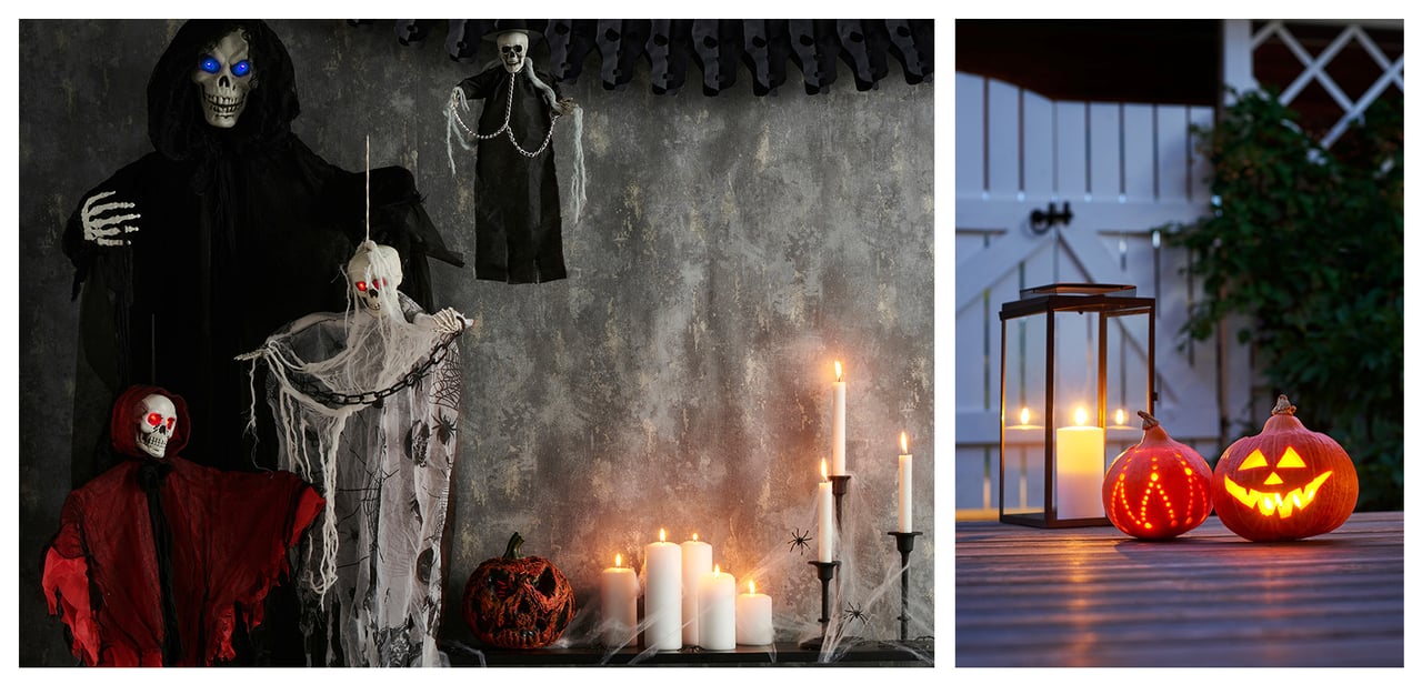 Innemiljø med halloween-figurer, lys og dekorasjoner samt utskårne gresskar med lys utendørs.