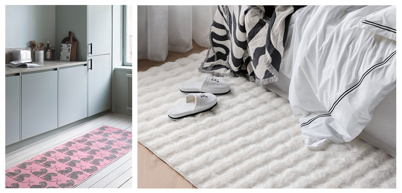 Kök med rosa, tigermönstrad matta. Sovrum med vit, fluffig matta och vita tofflor.