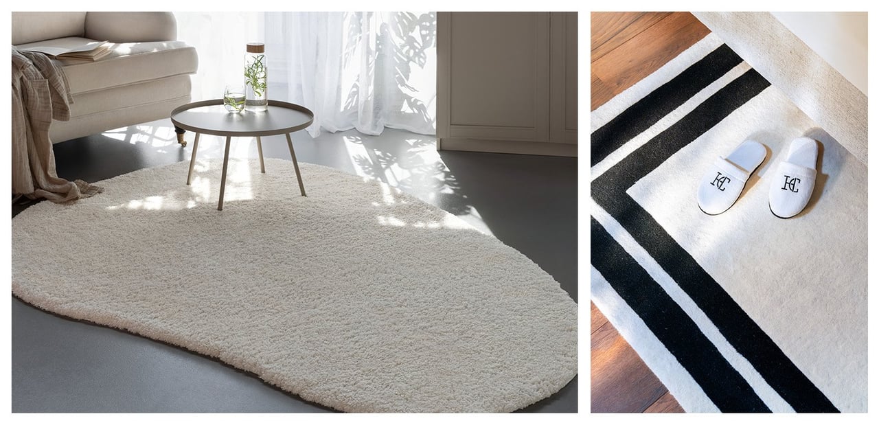 Naturvit matta i organisk form ligger under ett soffbord. Vit matta med svarta detaljer sticker ut under en säng.