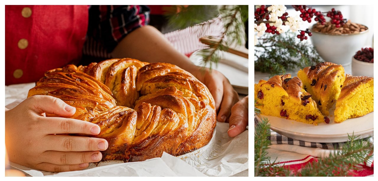 Zwei verschiedene Safrangebäcksorten, angerichtet in weihnachtlicher Umgebung mit einer Dekoration aus Tannenzweigen.