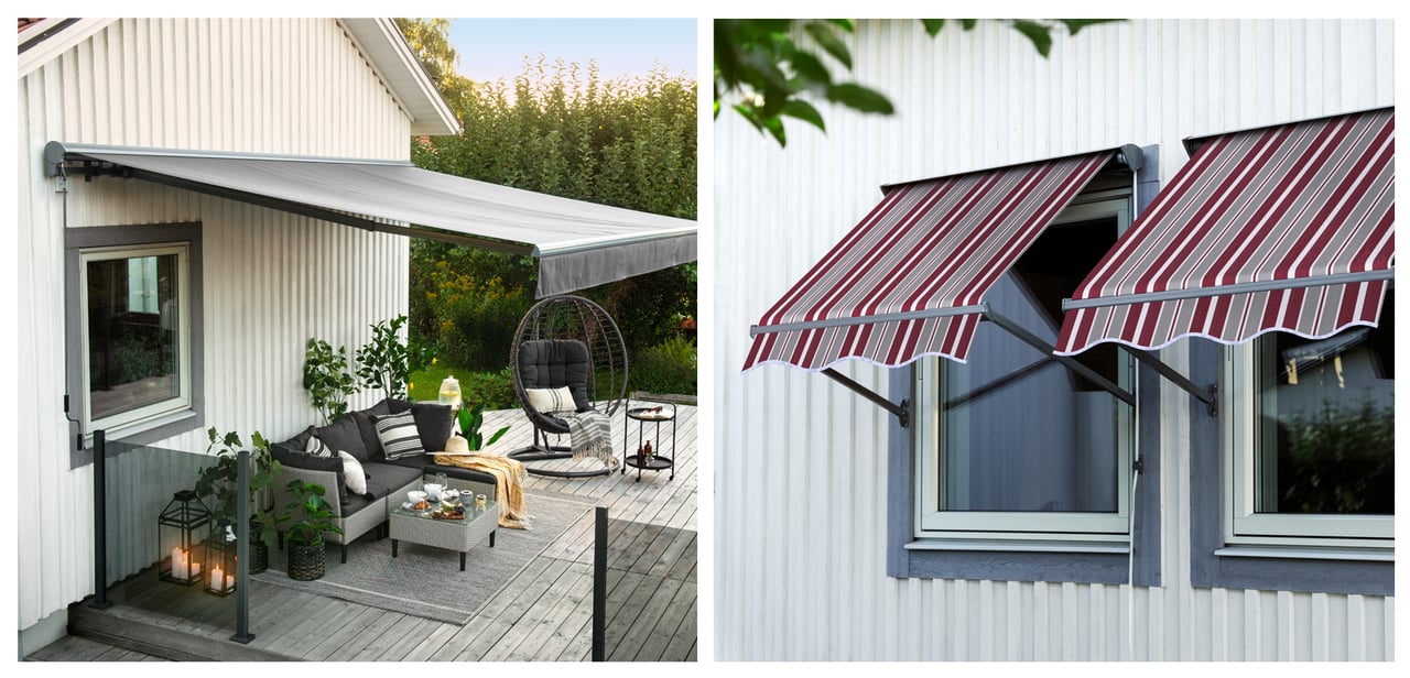 Stor grå markis sträcker sig över loungedel i trädgård. Två mindre rödrandiga markiser är utfällda över två fönster.