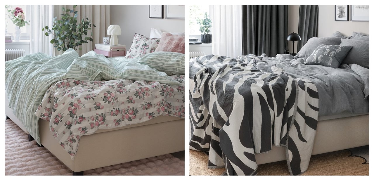 Soverom i romantisk stil med blomstrete sengetøy. Samme rom med grått sengetøy og sebrastripet pledd.