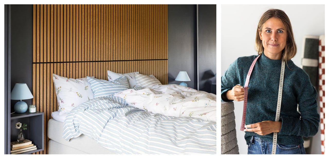 Ein gemachtes Bett mit einer als Kopfteil montierten Akustikpaneele wird neben Andrea Jörbrink, Innenarchitektin bei Rusta, präsentiert.