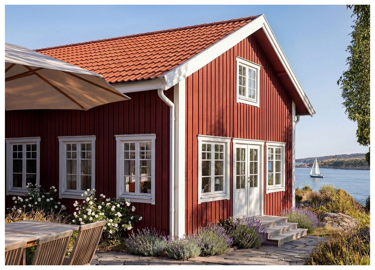 Valkoiseksi maalattu yksikerroksinen omakotitalo, jossa on harmaat nurkkalaudat, musta katto, tummanharmaat ikkunamarkiisit ja terassi.