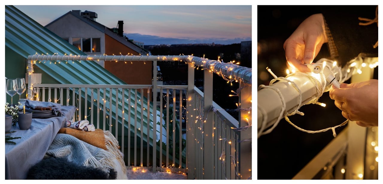 Balkong med ljusslingor. Händer som kopplar ihop två vita ljusslingor runt ett balkongräcke.