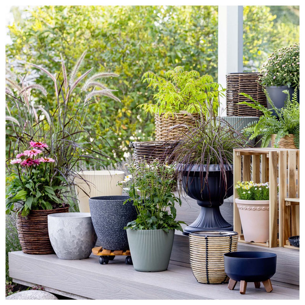 Mehrere Töpfe in verschiedenen Materialien und Größen stehen auf einer Terrassentreppe.